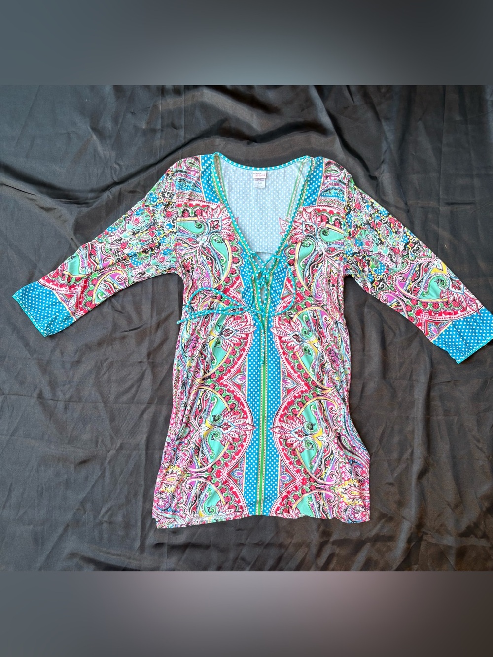 Vibrant Paisley V-Neck Tunic Dress in Teal & Pink-Profile Blush Size S